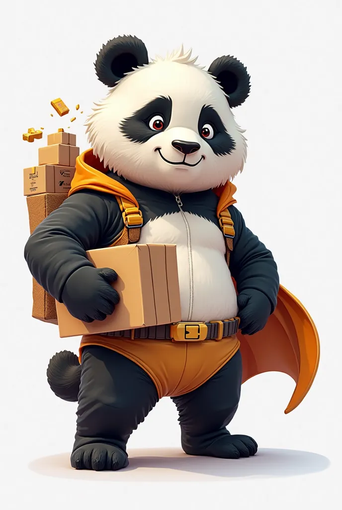 A sleek, athletic panda in a superhero costume, designed for a mature audience. The panda has a lean, age-like body with a sporty build (no big belly). It wears a tight, modern jacket with a small delivery logo, a flowing cape made of bubble wrap, and a hi...