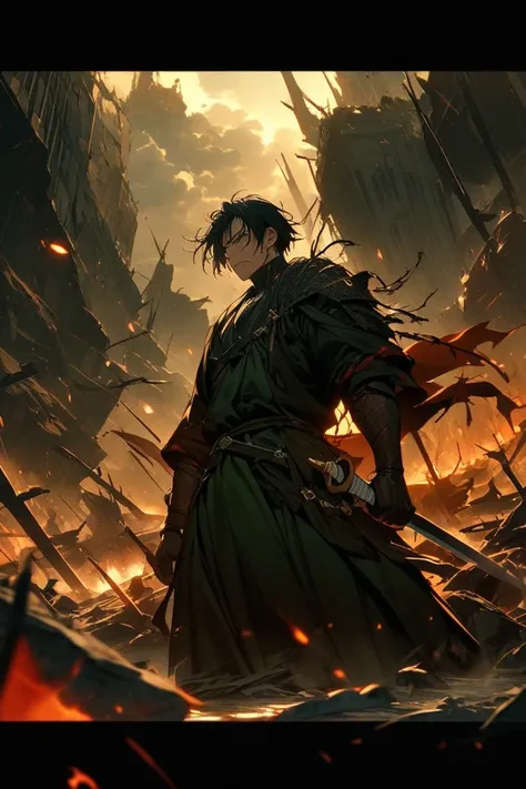 Super powerful swordsman with three style swords and he has scar on one eye and that eye closed.  Green and black mixed worrier type costume. 
And background is like a war zone and blood spilling. 
