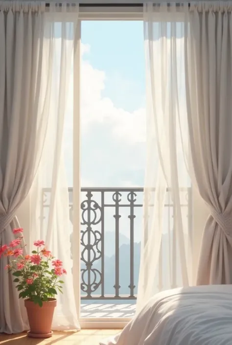 A shap taking from bed focusing on the room balcony.  The curtain is White colour,  and curtain flying in the air. In the balcony their is a flower plant in a tab. Sky will be cloudy