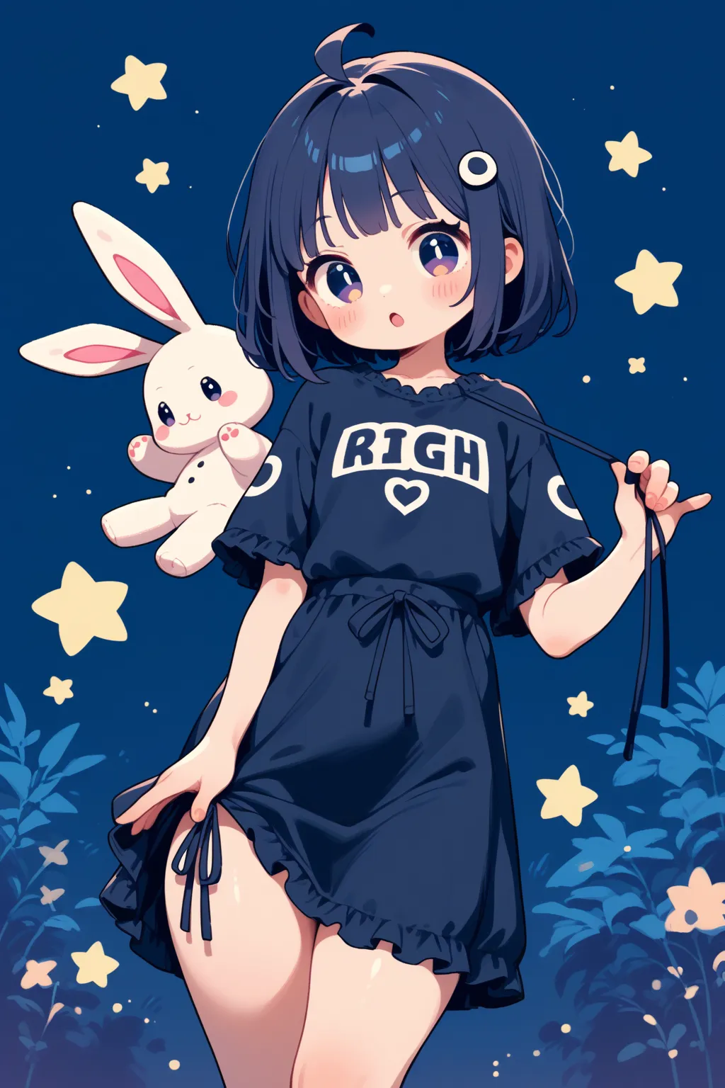 chibi anime , petit girl , round face , show off Thick thighs , bold open side drawstring dress , black garter ring , (heart is beating fast:0.1) , (Rodents tooth) , bold pose , out of frame , looking away , coquettish , stuffed rabbit , turn , night club ...