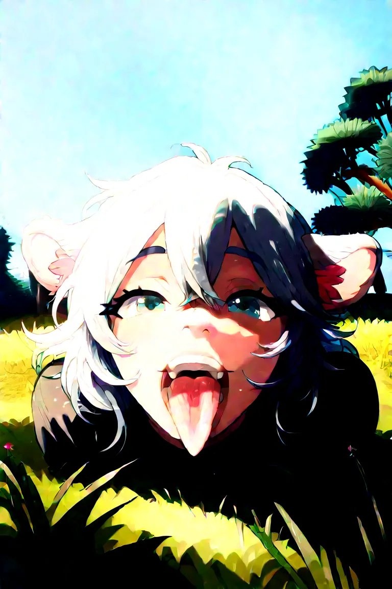 (((with lush flowers, grass, blue sky, and the rocky mountains and trees in the far background々Against the backdrop of))),It's a cute puppy with white hair、Chubby、I'm looking at you lovingly、My mouth gladly sticks out my tongue and makes it plump in a cute...