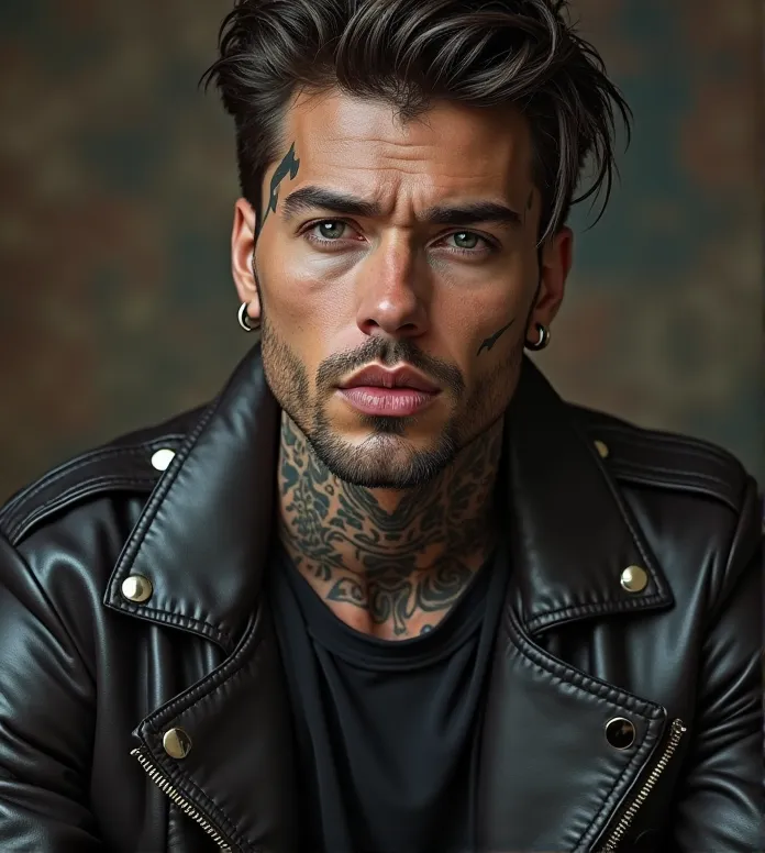 A realistic photo, photorrealistic: 1.4 official art, ultra detaild, Beautiful and aesthetically pleasing, comely, work of art, of the best quality, Elegant man, tattooed on the face,leather jacket, seems straight forward,um close de um