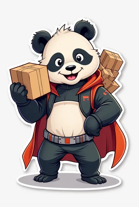 A sleek, athletic panda in a modern superhero costume. The panda has a lean, sporty build (no big belly), wearing a tight jacket with a small delivery logo, a flowing bubble wrap cape, and a high-tech portal backpack with a few boxes flying out. It holds a...