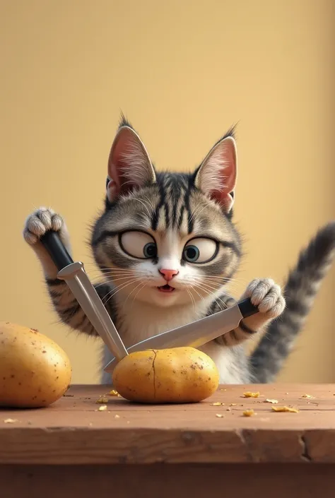 A CAT CUTTING A POTATO IN A TABLE MAKE VIEDO