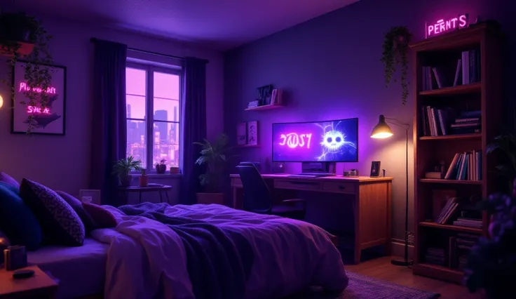 A high-resolution digital image of a bedroom with a wooden bookshelf and a wooden desk, a desk made of wood and a computer placed inside the bedroom and with a glowing purple face clip placed in cyberpunk style, 3D animation, the elements are all neon.