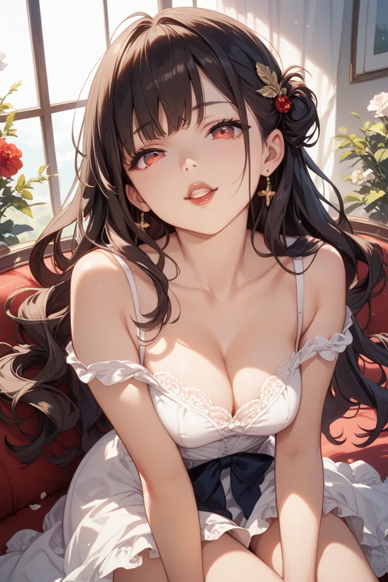 long haired and dark haired ，is being lowered，A girl with red eyes and a beautiful face、red glossy lips、Oshitakoshi、Sit with slender legs 、white dress，Brown Beauty，　Kamigami，True face，Overflowing with smiles， undress，Marriage between men and women