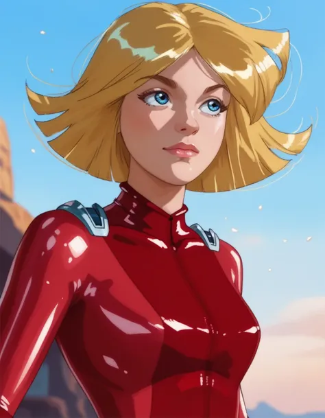 ts clover, blonde hair, medium hair, blue eyes, straight bangs,
red bodysuit,