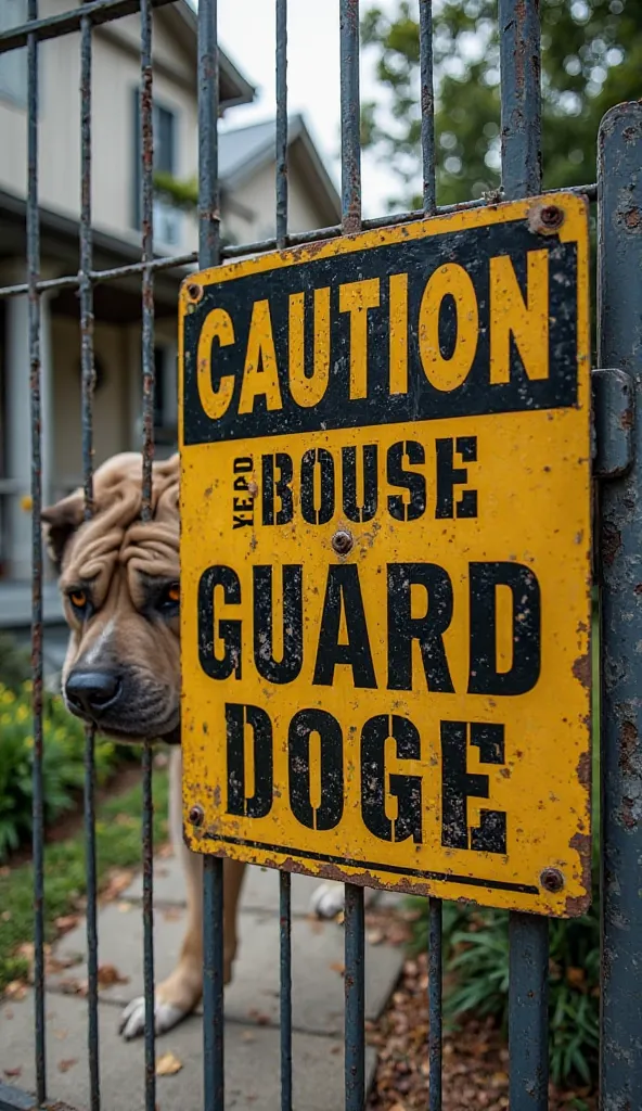 Caution Sign – A house entrance with a clear sign saying "Beware of Dogs", in bold letters, fixed on a metal gate. A large dog can be seen in the background, peeking through the fence.