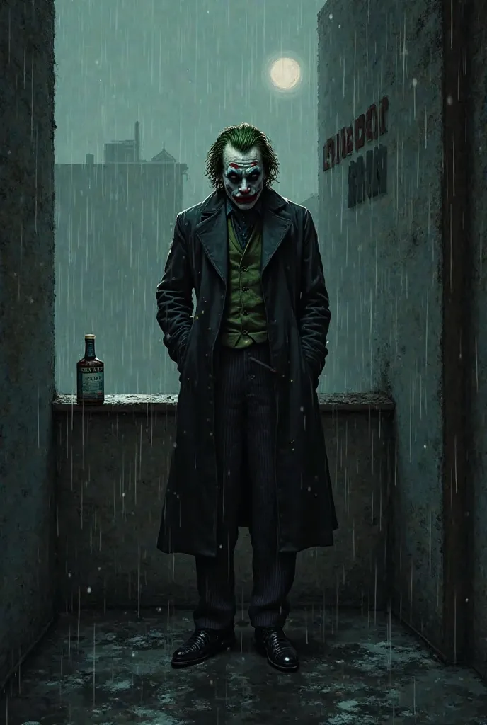 A sad, faded picture, it’s raining, a sad joker in a black coat is smoking on the balcony at night, next to a bottle of vodka, on the wall there is the inscription Grooby