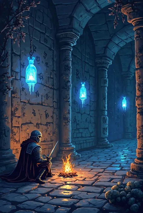 "A pixel art scene of a medieval knight sitting by a small fire inside an ancient, abandoned temple at midnight. The temple walls are covered in glowing runes, and blue ghostly lanterns float around, casting an eerie light. The knight, though weary, is fas...