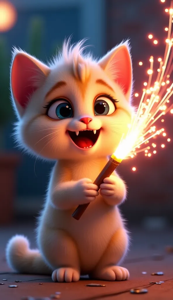 "A cheerful anthropomorphic kitten holding a roman candle firework in its paw. The roman candle shoots colorful bursts of light into the air, illuminating the kitten's face with vibrant reflections. Big round eyes full of excitement, soft fur texture, and ...