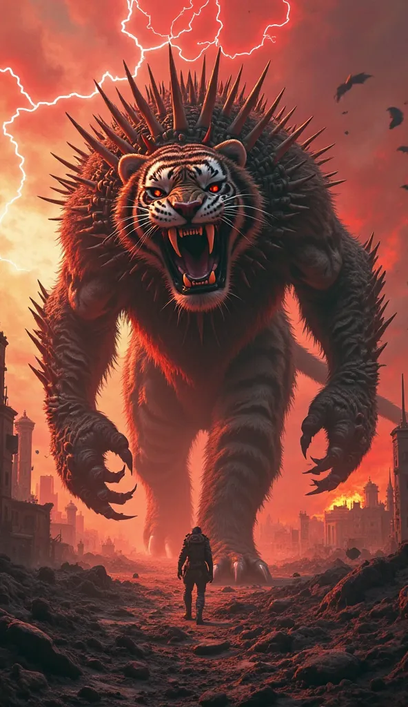 A towering nightmare hybrid of a tiger and a porcupine, stalking through a ruined battlefield under a blood-red sky. This monstrous beast stands over 15 feet tall, its muscular body covered in thick, matted fur, but instead of a normal tiger’s coat, its ba...