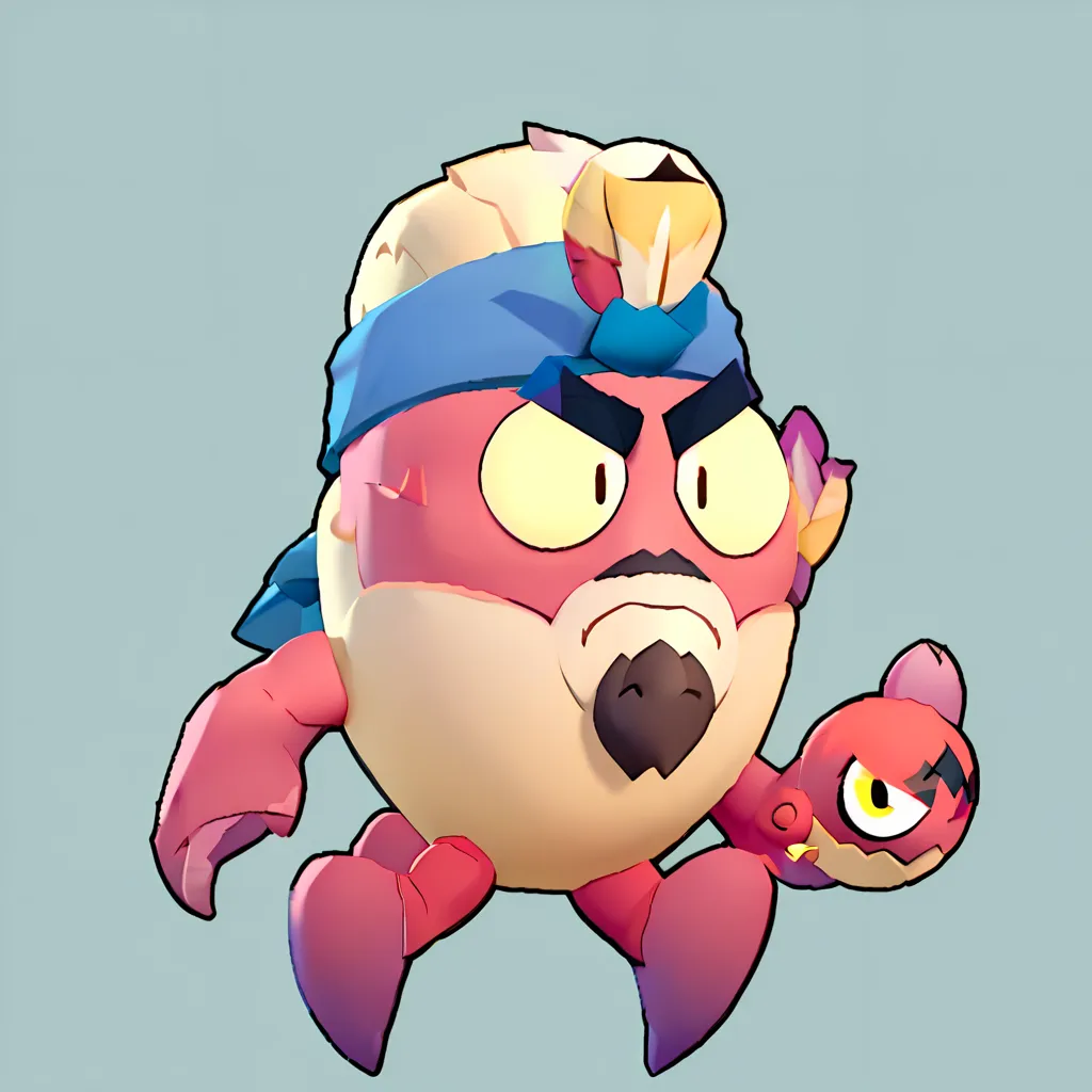 a crab with a square body, not human, it has red skin with a purple gradient, it has one claw larger than the other, it has a goatee with a mustache, it has a blue headband with a feather, it has bulging eyes, it has a pale pink torso, brawl 