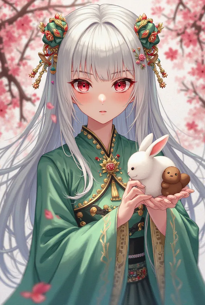 Anime girl, sharp gaze,  red eyes , long white hair, green chinese antique costume, there are plum blossoms around, hand holding a small white rabbit and a small brown beaver