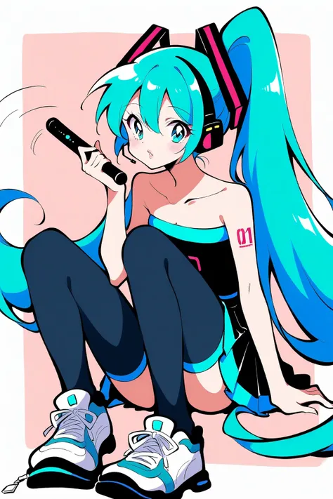 (has the best quality, sketch:1.2),practical, illustration designer  ,cunning，1 girl,   Hatsune Miku  ， delicate lips , Hold the baton in your hand， strapless， Neon long hair  ,  high ponytail green  ， skirt， Put your foot on the sound，sneakers。 masterpiec...