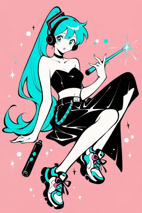 (has the best quality, sketch:1.2),practical, illustration designer  ,cunning，1 girl,   Hatsune Miku  ， delicate lips , Hold the baton in your hand， strapless， Neon long hair  ,  high ponytail green  ， skirt， Put your foot on the sound，sneakers。 masterpiec...