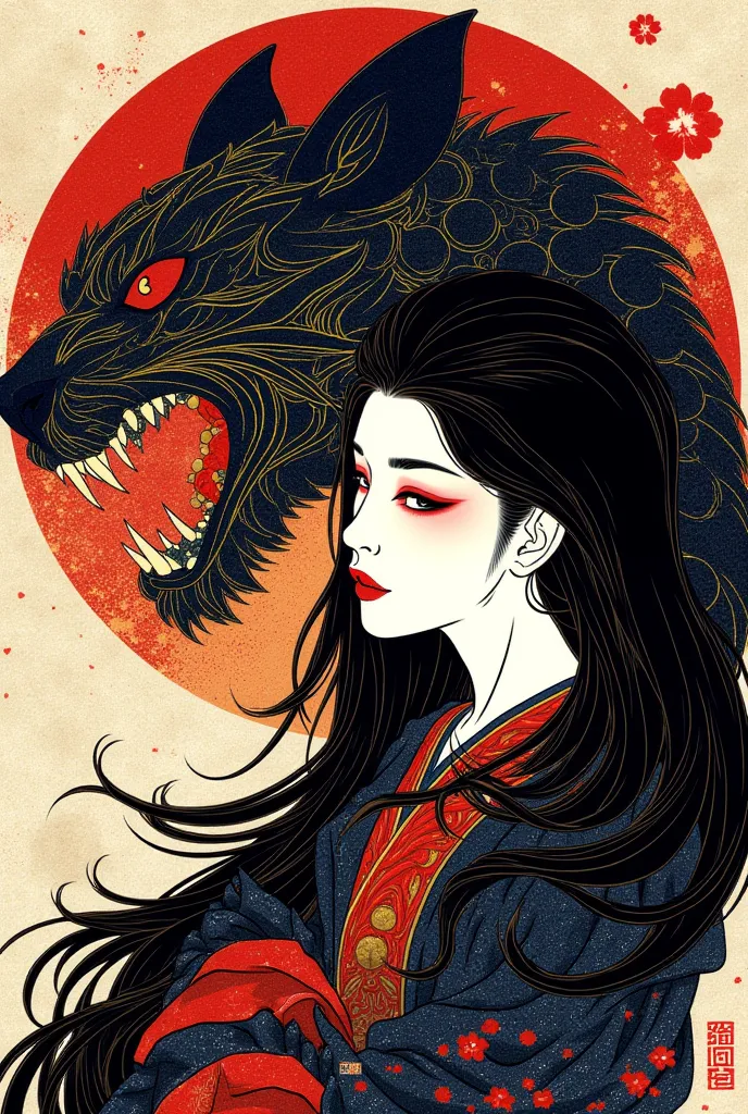 A traditional Japanese Ukiyo-e style illustration featuring a mysterious woman with flowing black hair and a fierce, mythical beast. The composition is inspired by Meiji-era woodblock prints, utilizing (bold, contrasting colors such as deep indigo, crimson...