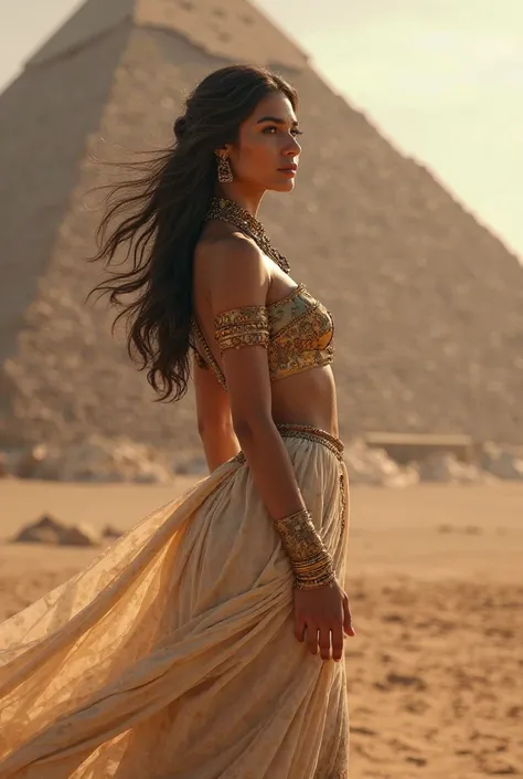 Sensual beautiful Egyptian goddess , Stop in front of the impressive pyramid of Cheops