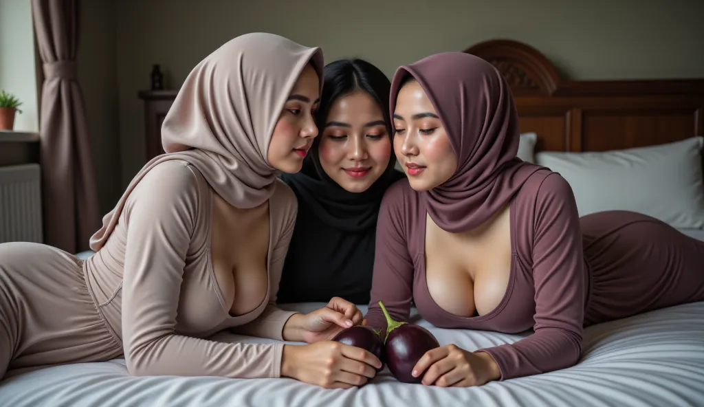 3 beautiful Malay girls wearing shawl hijab, lying and sitting on the bed, big breasts, wearing open dress clothes, showing a very large cleavage, playing hugging and kissing, while holding eggplants, horny facial expressions, on a bed in a shabby room in ...