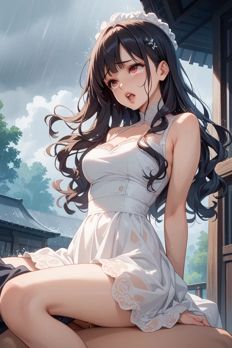 long haired and dark haired ， with dark hair down ，A girl with red eyes and a beautiful face、red glossy lips、Oshitakoshi、Sit with slender legs 、white dress，Brown Beauty，　Kamigami，True face，Overflowing with smiles，sex，rain，Falling Tears