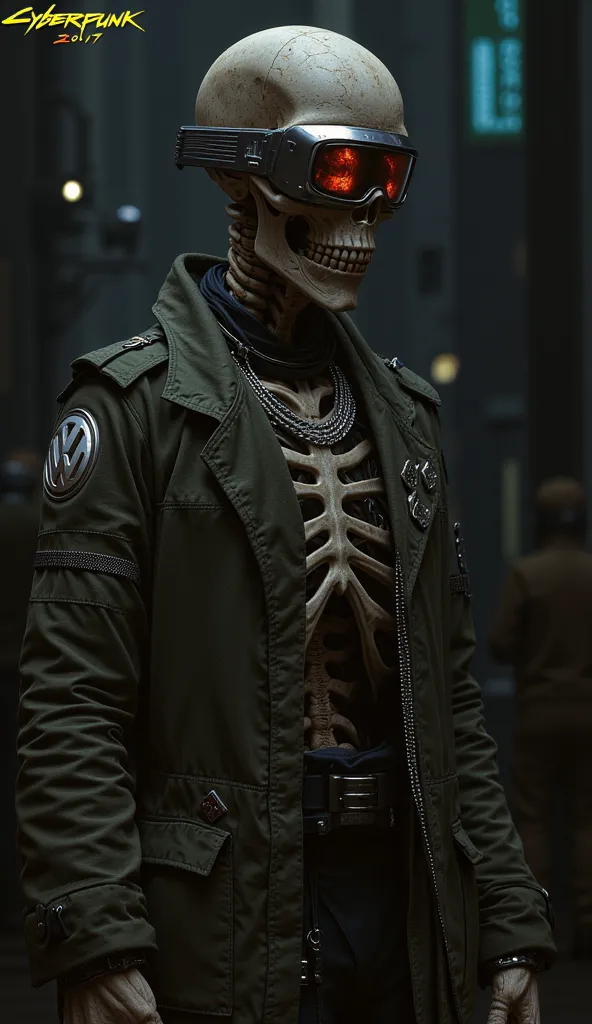  Cyberpunk 2077, 1 fur skeleton, wearing ankle boots , the jacket is unbuttoned, military form, VR goggles, red and black shades,  silver chains , vw badge,  Cyberpunk 2077, fur skeleton 