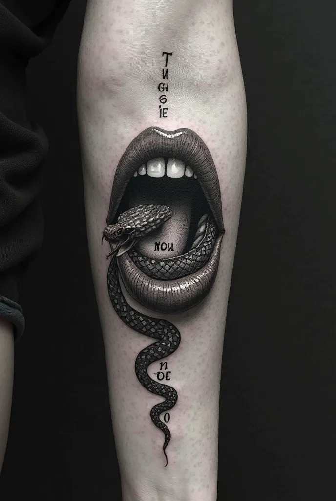 A black and white tattoo of a woman's mouth with a snake coming out of it and underneath it put TRUST NO ONE 