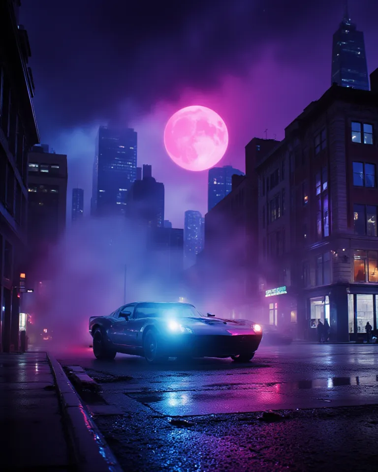 A futuristic neon-lit cityscape at night, glowing pink and blue lights reflecting on wet streets. A lone figure in a cyber jacket stands near a vintage sports car with neon underglow. The skyline is filled with 80s-style holographic billboards and a giant ...