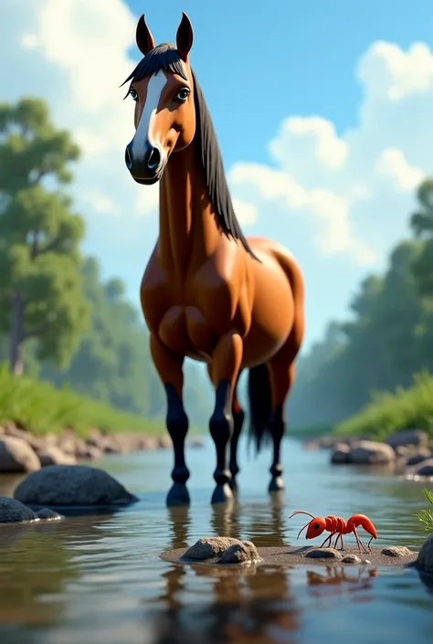 Horse and small  red ant in river side ( hyper realistic photo)