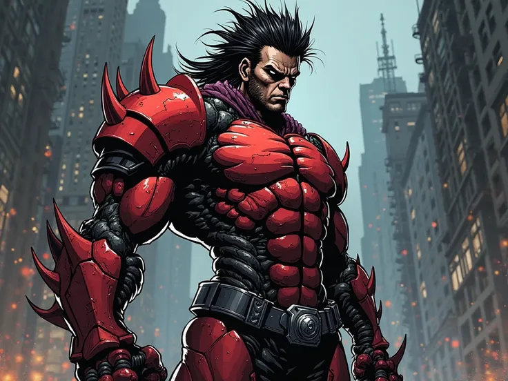 Tall and slender character with muscles, with scarlet red and black iron armor covering his body, wearing beast gauntlets, spiky and messy hair (beast style), dark city background, mangá style, no color