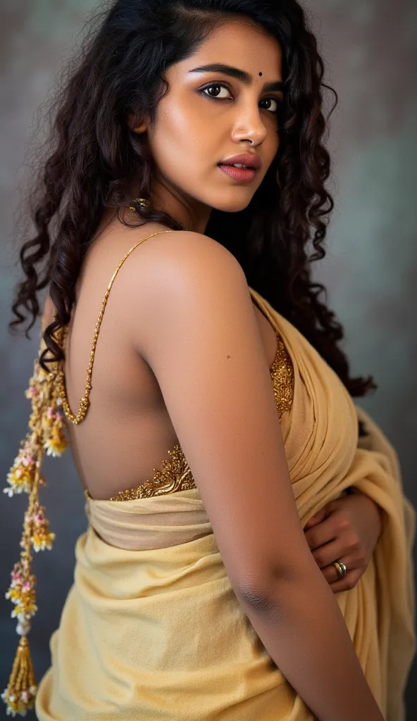 BBW, Indian mature woman wearing sleevless backless blouse and Saree , lipstick, curvy woman showing her Big massive cleavage, veil saree,  Desi real indian, STRAIGHT HAIR,