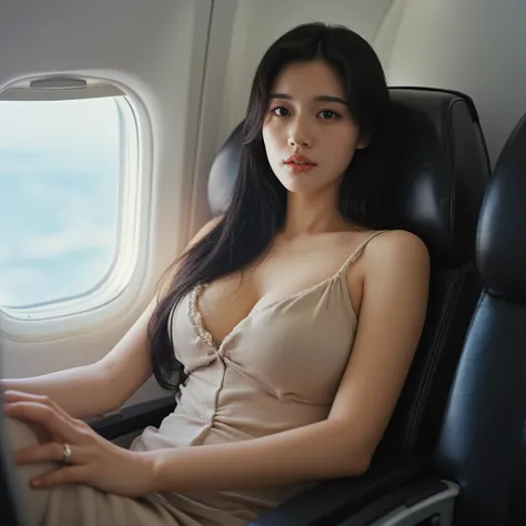 A woman with long black hair and big breasts is sitting on an airplane、High quality realistic portrait、4K resolution、HDR、Studio Light、Extremely Detailed Depiction、vivid colors、Bokeh、Beautiful blue sky background、Light in-flight atmosphere、Graceful posture、...