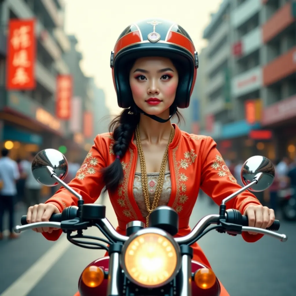  Taiwan Young Beauty ，Wear family attire，Emotions of Zhang Yang wearing a helmet ，Motorcycle ，On the road，On the street ，Realistic photos