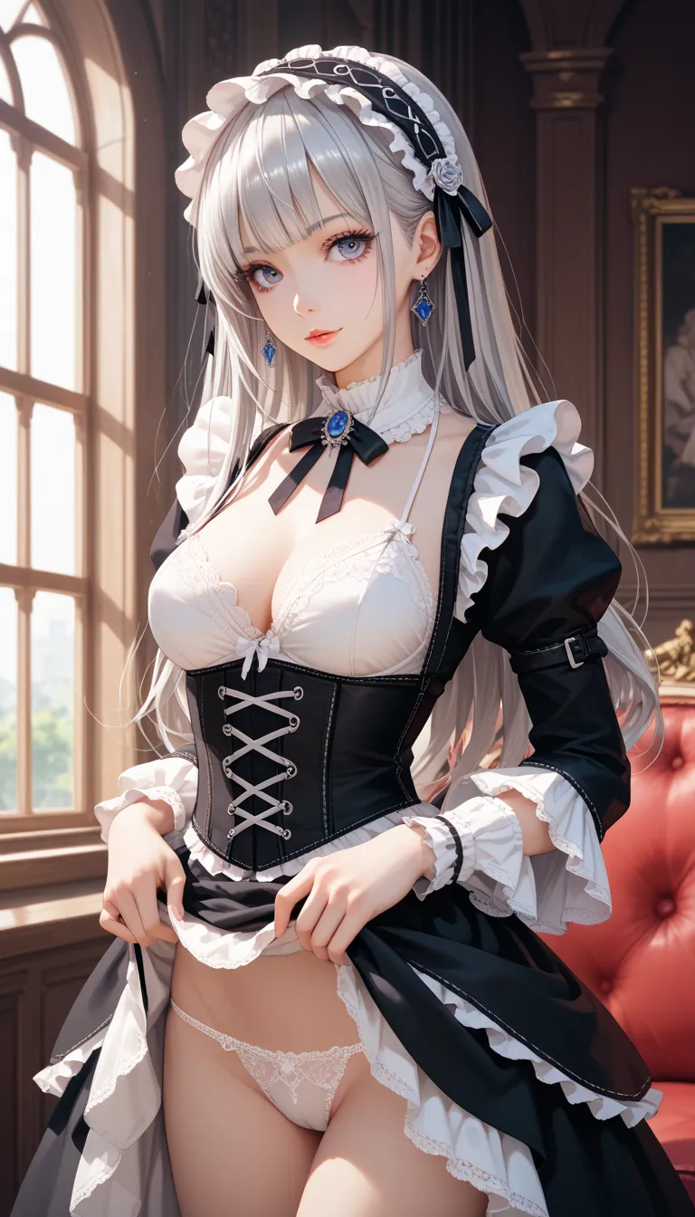 masterpiece, best quality, ultra-detailed, 8k, intricate details, わきDownを見せない, Down, no background, becomes transparent when you stare at it {x}, PE, front view, cowboy shot, perfect and beautiful face, beautiful breasts,  Read more, slim, silver long hair...