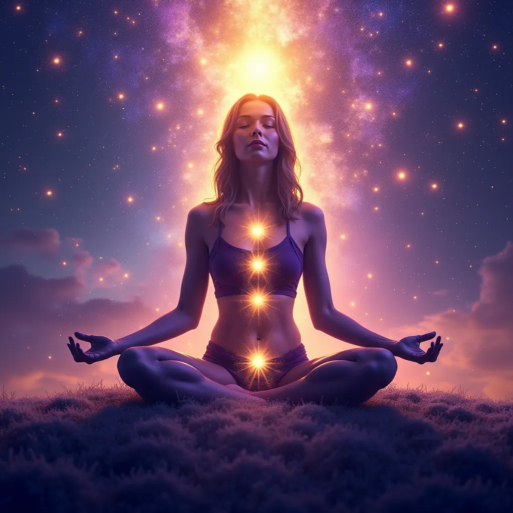 Create an attractive digital advertisement image that transmits spiritual energy and personal transformation. The background must be vibrant in shades of purple, blue and gold, evoking a connection with the universe and spirituality.  in the center, a fema...