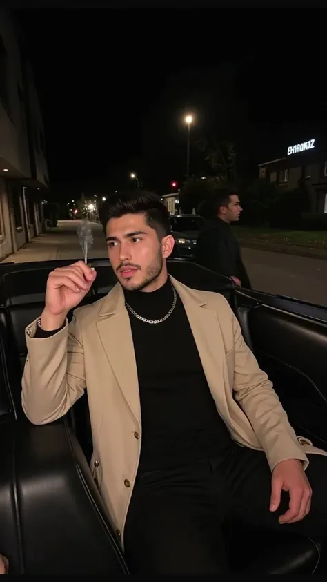 a handsome young turkish guy with muscle, dark very short hair fade middle parting and goatee beard  he wearing a black tshirt and a  black loose pants and a thin gold chain he is in front of a car Amateur photo random picture and location is germany he ha...