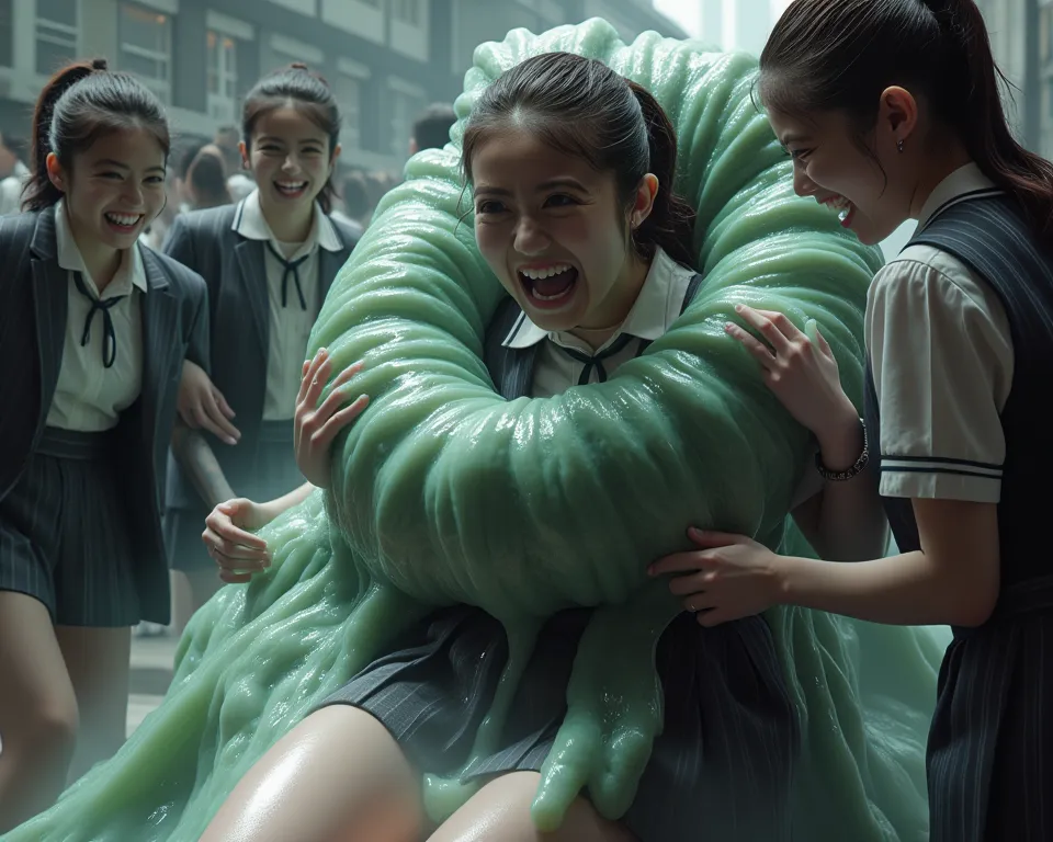 Female students in uniform are eaten by giant slime。
 she is screaming in so much pain。
She has wide open thighs。
Slime is slurping her 。
実写風
彼女はtearsを流しながら助けを求めている
号泣，tears