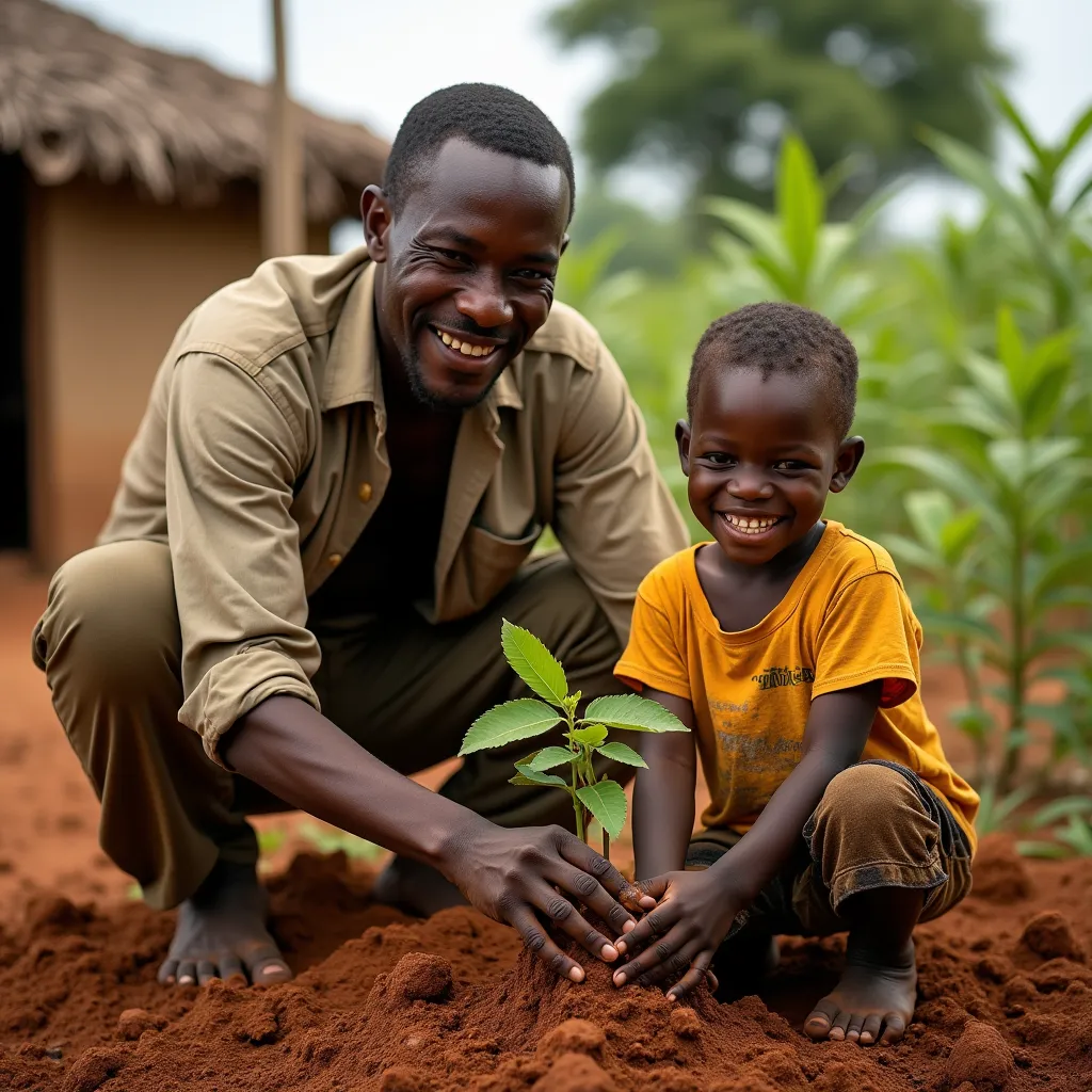 "A real, smiling Mozambican father and his young son are planting a mango sapling together in a rural village. The gentle and humble 35-year-old father, dressed in traditional, worn-out work clothes, is focused on securing the soil, while the lively boy, w...