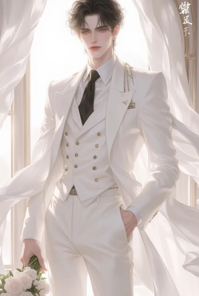 ( masterpiece), ( top quality), VERY DETAILED, ((A man)),  ( full body shot),  perfect face,  beautiful face, VERY DETAILEDな顔，(black hair man:1.3)，( black eyes)，FULL BODY,  white shirt, ((디테일한 white 정장)),  romance fantasy,  sharp eyes,  handsome face, nobi...