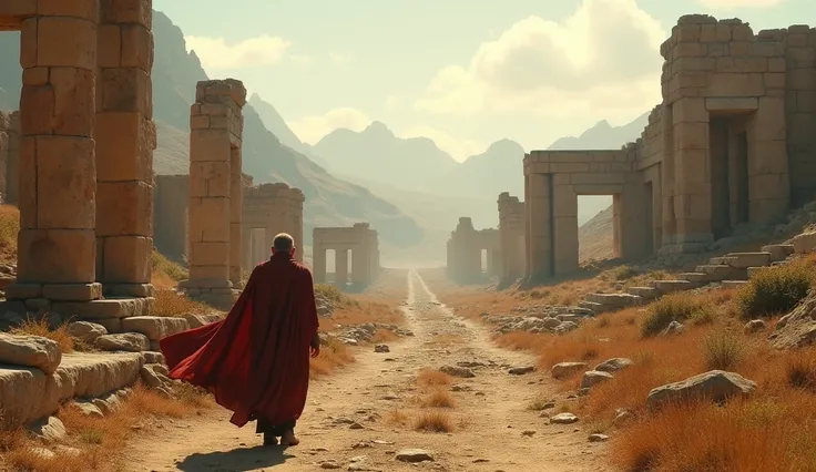 12.	A lone traveler walking through the remains of a once-glorious Kushan city—his cloak billowing in the wind, the ruins standing as a silent testament to a lost civilization. Closed-up, hyper-realistic, vibrant, 4K HD.