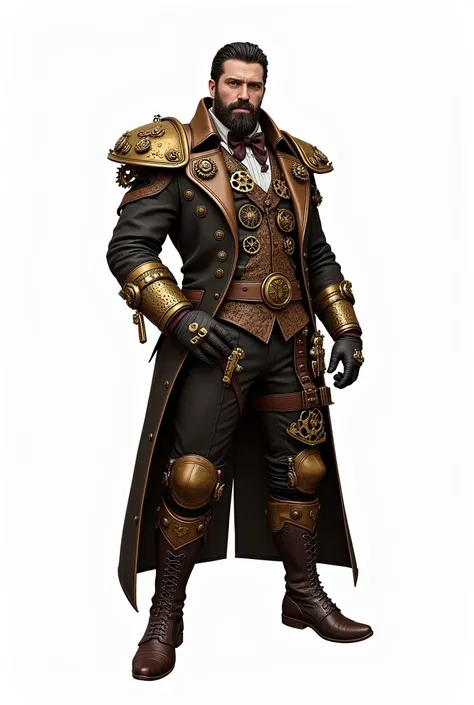 A male character in an A-pose, standing in a detailed steampunk suit with gears, cogs, and mechanical accessories. The suit features a mix of brass, leather, and Victorian-era elements, and the character has a full beard. The image has no background, focus...