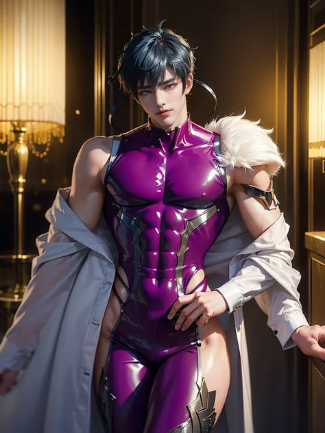  (masterpiece,best quality,ultra_detailed,highres,absurdres), (detailed shadow), (quality light),1 (yaoi_ikemen_male:2.0) (with bulge:1.2), 30-ish, (muscleale focus), (solo:1.6), short black Quiff hair with Soft Fringe (bangs part on side 3:7 ratio), blue ...