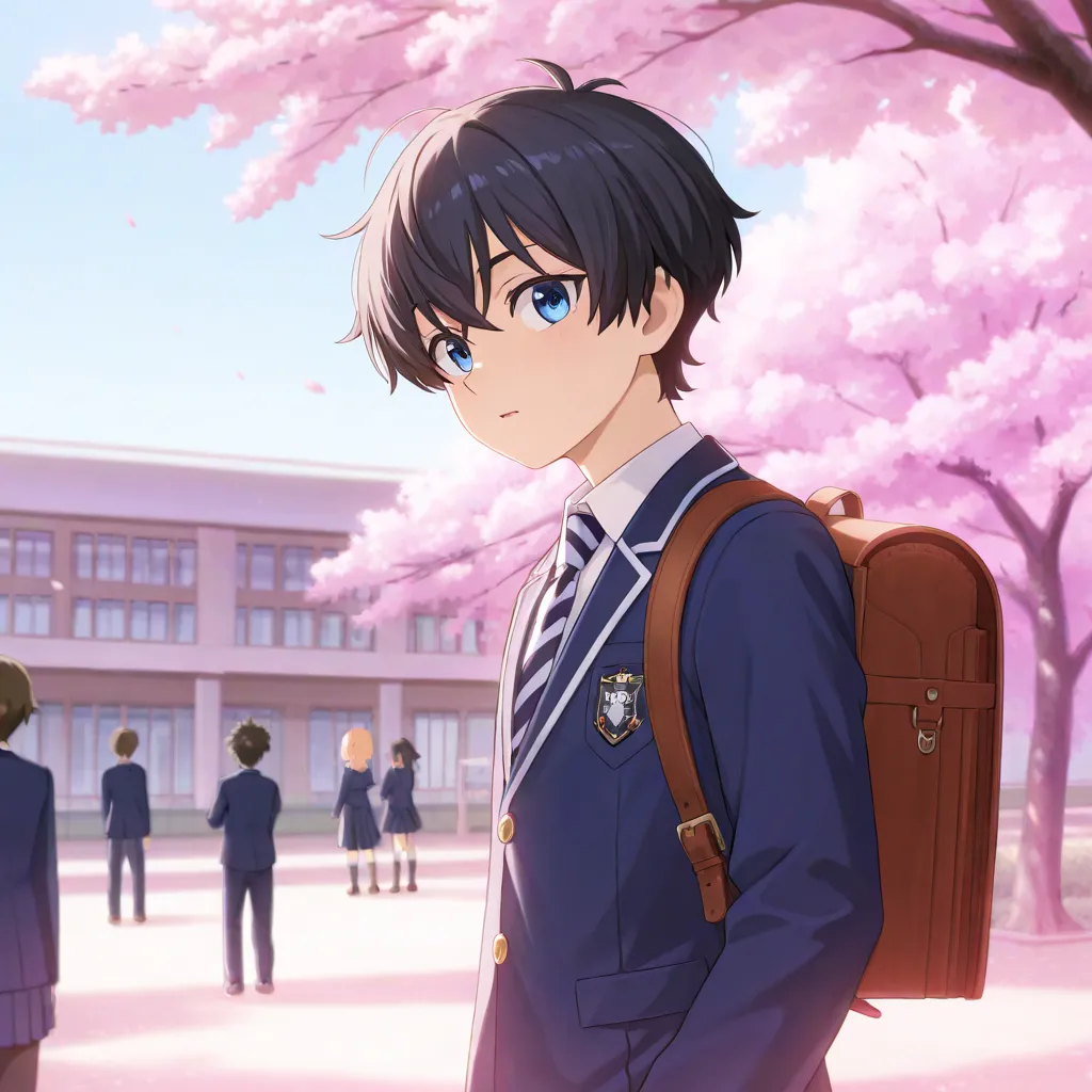 A young schoolboy with short, slightly messy black hair and striking blue eyes stands confidently in a schoolyard. He wears a neatly pressed dark blue school uniform with a white-collared shirt and a striped tie. His blazer has a small school emblem on the...