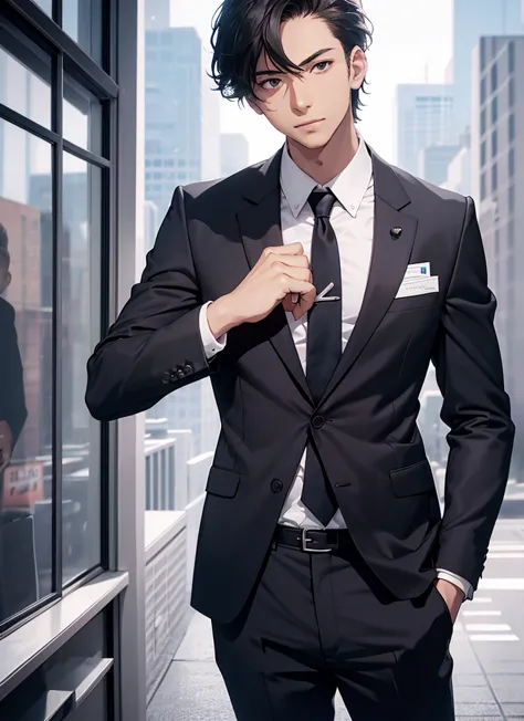 1 boy, focus on face, adult,  business suit, blazer, white shirt, tie,   pants , Better quality, hires,  detailed face, office,  buildings from the window, detailed background, diffused sunlight, depth of field, hips, stretches the business card forward, t...