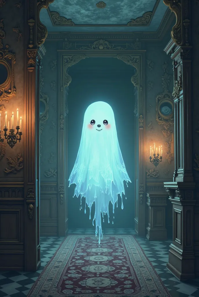 ( masterpiece:1.2, best illustrated  ),8k,wallpaper,( Haunted Mansion),(Inside the Haunted House ),( class),(cute ghost),( underneath)