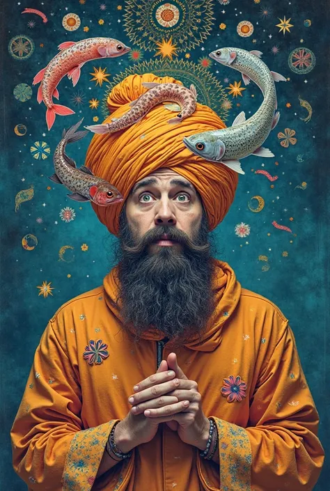 Create a humorous image of a person searching for their inner Pisces qualities but getting totally distracted by spiritual influences. The scene shows a person looking confused and frustrated, trying to connect with their Pisces nature, surrounded by mysti...