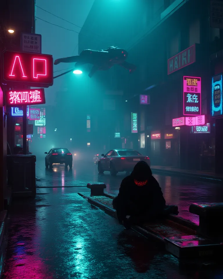 A dark, rainy cyberpunk alley filled with neon signs written in Japanese, Chinese, and Arabic. A mysterious hooded hacker with glowing cybernetic eyes is typing on a futuristic holographic keyboard. The streets are wet, reflecting bright pink, blue, and gr...