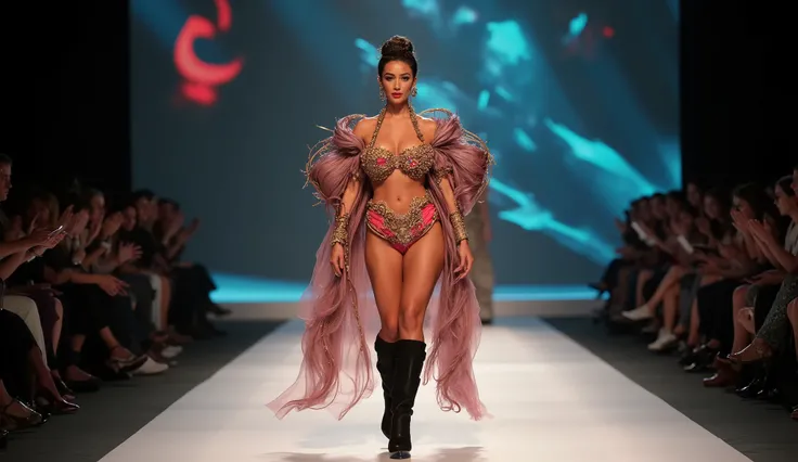 A stunning sexy female with big breast model gracefully walking down the runway, wearing an avant-garde and artistic outfit. The outfit is highly creative, featuring intricate details, unique textures, and bold colors, designed to captivate the audience. T...