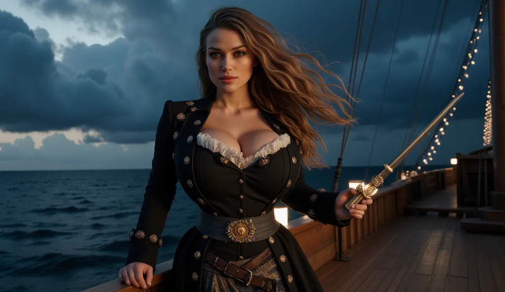 A close-up shot of Elizabeth Swann in her regal yet dangerously alluring pirate queen attire, exuding power and sensuality. Her deep brown eyes are fierce with determination, framed by her long, wavy, light brown hair with golden highlights, tousled natura...