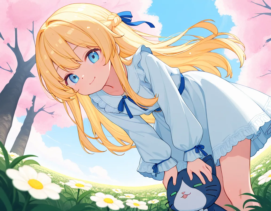 one girl、10yo,long blond hair with waves、Holding a stuffed cat、cute dress with lots of ruffles、 Long Sleeve、Small hill、 a field of flowers、dynamic angle,from below,leaning forward,bluesky,Interested々、viewers、,highest quality、High Resolution
