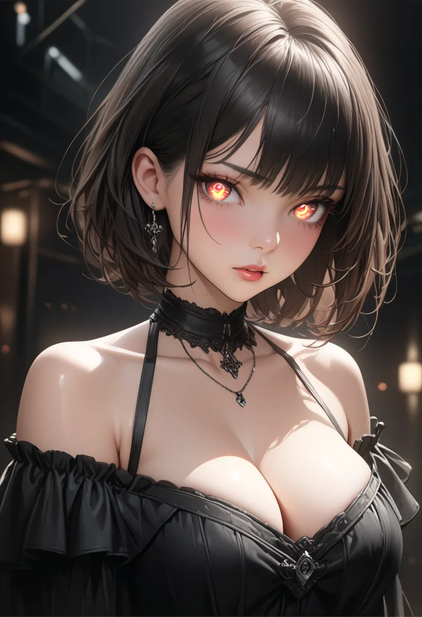 1girl, angled view, black bob cut, ultra-realistic, highly detailed, high resolution, (high quality, masterpiece:1.2), wearing a off-shoulder blouse with ruffled sleeves, black skirt, brown eyes, Ultra-detailed eyes, perfect eyes, detailed beautiful face, ...